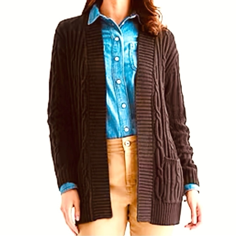 St. John’s Bay Women's Dark Brown Long Sleeve Open Front Cable Knit Cardigan